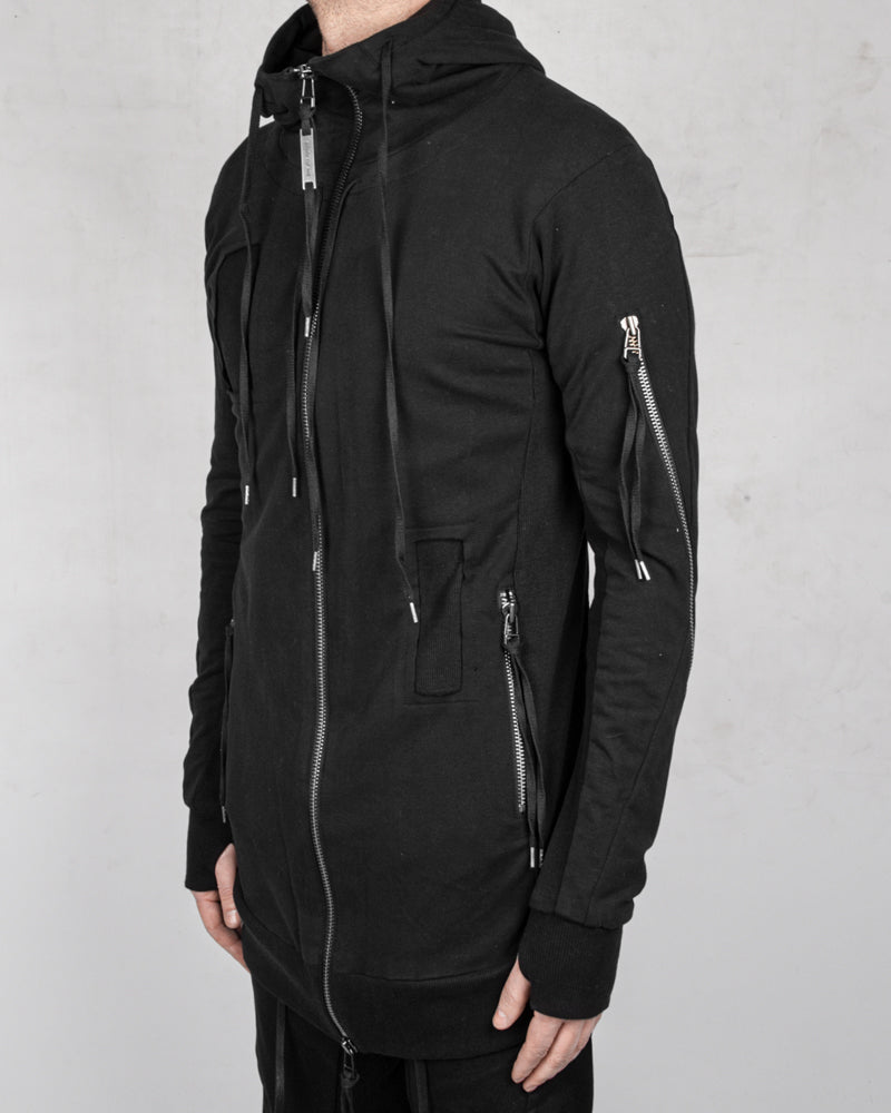 Patched zip up hooded sweatshirt black