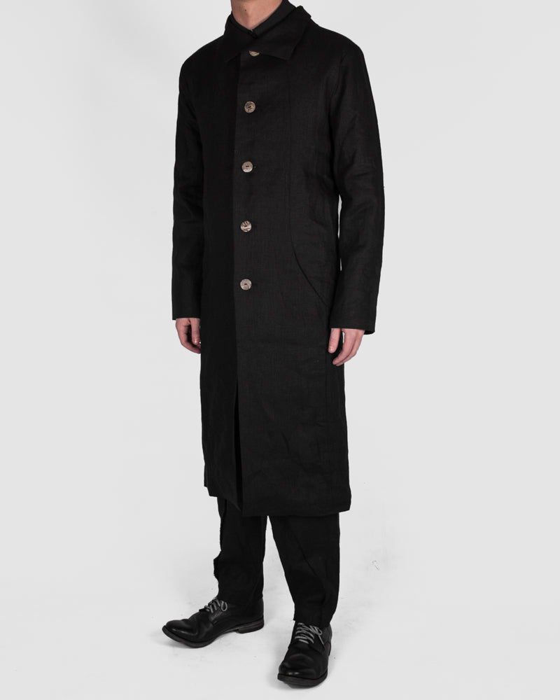Atelier Aura - Larus long coat black linen - https://stilett.com/
