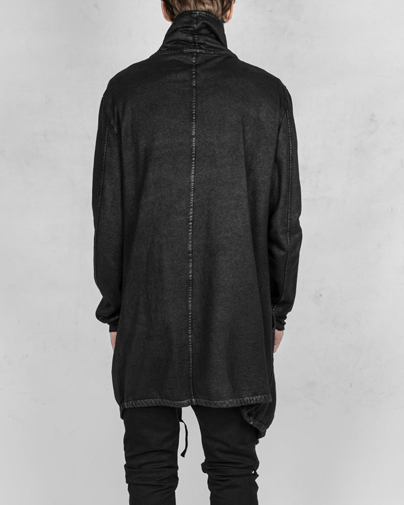 Laminated asymmetric fleece cardigan
